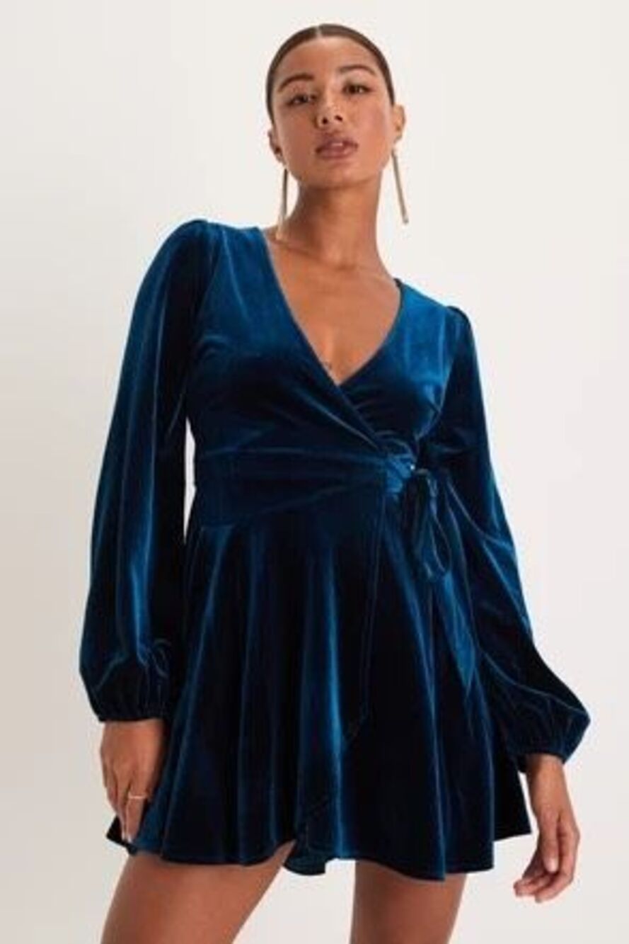 NEW Lulu’s Dress Dark Teal Velvet Wrap Long Balloon Sleeve Sz L Vampy, Romantic